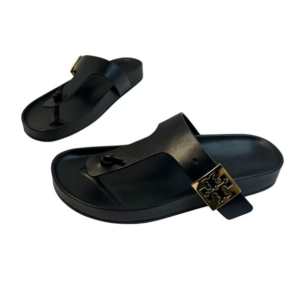 Tory Burch Mellow T-Strap Thong Sandal Size 7.5M Leather Black Slip On Open Toe - Picture 1 of 11